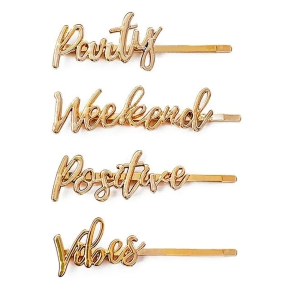 Adama BNIB Gold Script Word Barrettes - Party Vibes Positive Weekend